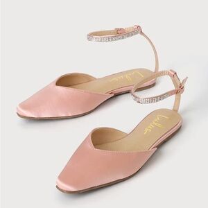 Valetta Champagne Pink Satin Rhinestone Ankle Strap Flats